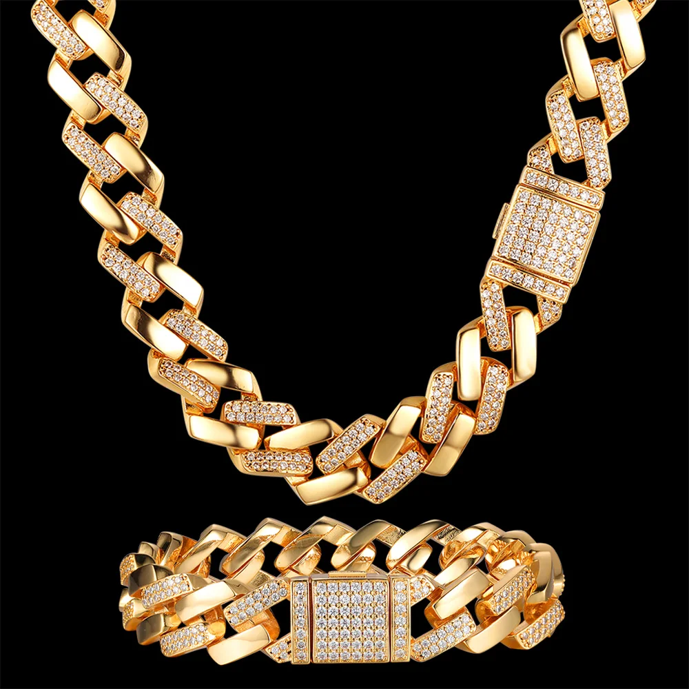 

Luxury Zircon CZ Hip Hop Miami Cuban Link Chain 14mm Baguette Bracelet Men Rhombus Necklace Iced Out Street Fashion Jeweley