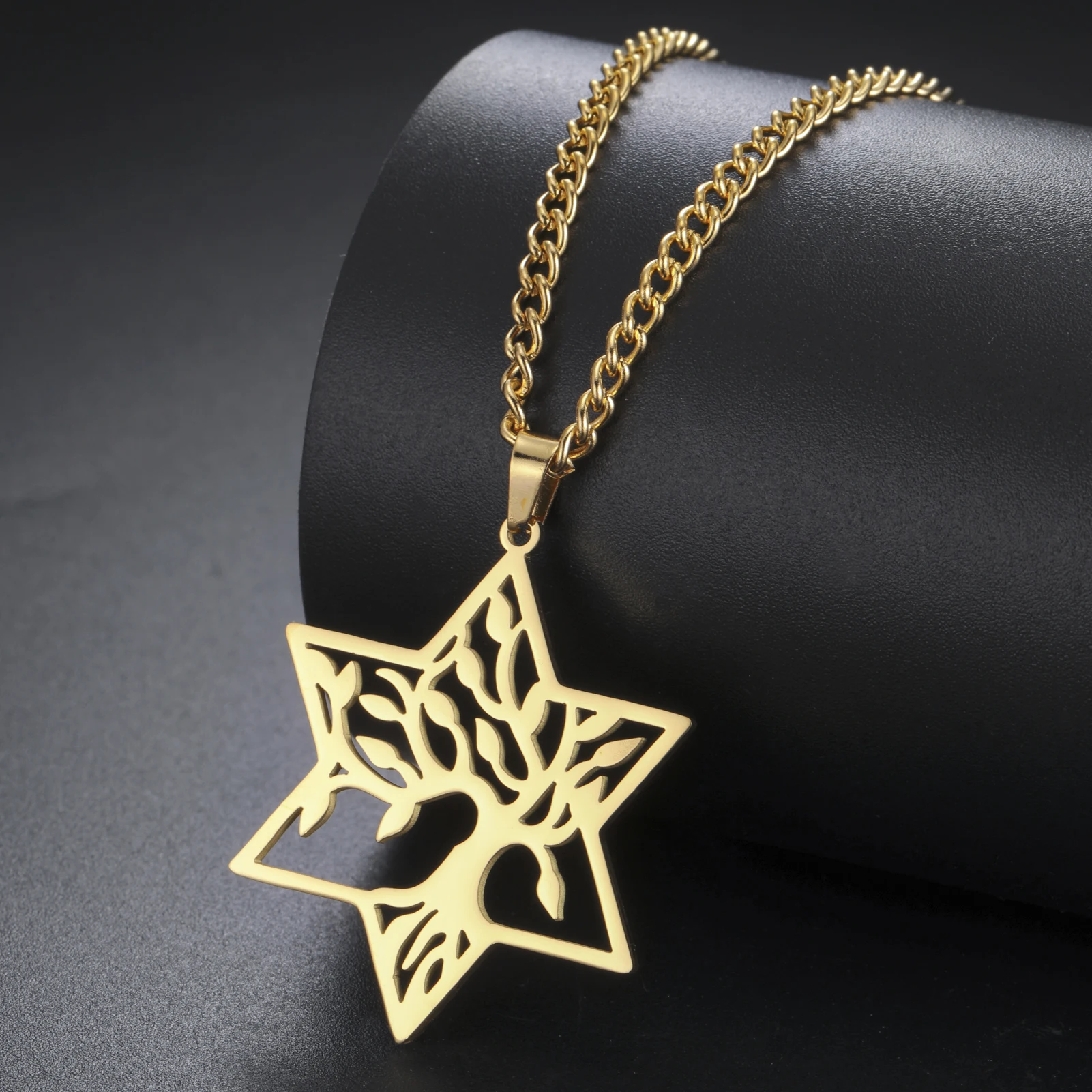 Myshape Vintage Stainless Steel Tree of Life Necklace Hexagram Star of David Gold Plated Jewish Protection Amulet Jewelry