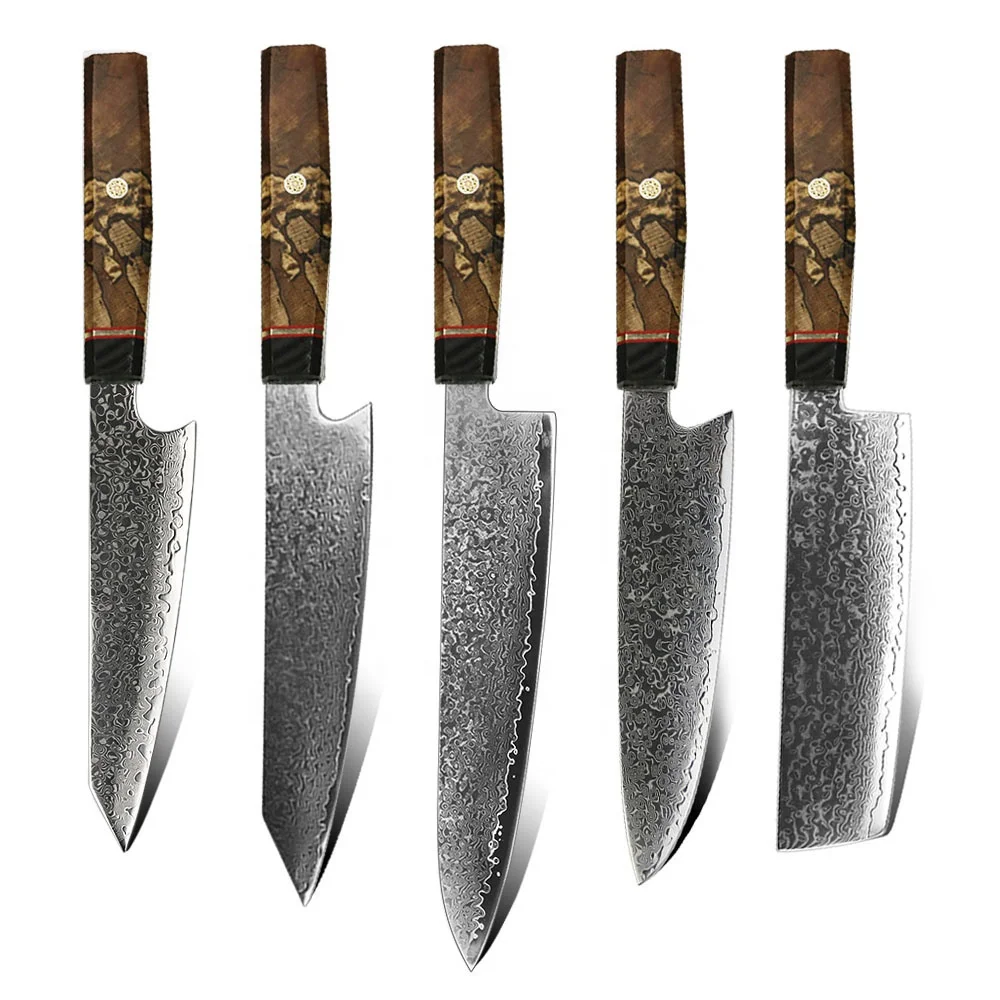 

Yangjiang Amber Set of cook knife damascus handmade japanese chef knife full tang with splated solidify wood handle