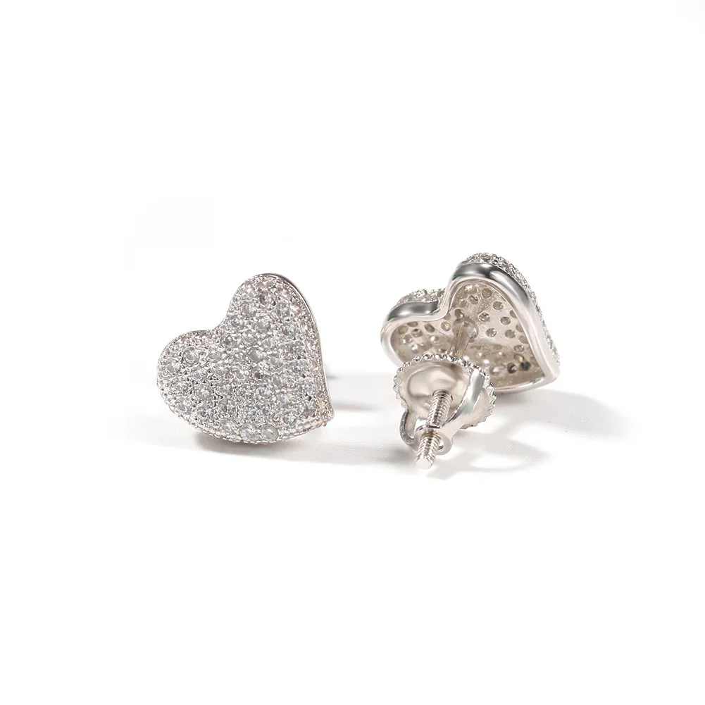 

Fashion Iced Out Bling S925 Post Stud Beveled Heart Shape Stud Earrings 925 Sterling Silver Hip Hop Love Studs, Silver,gold