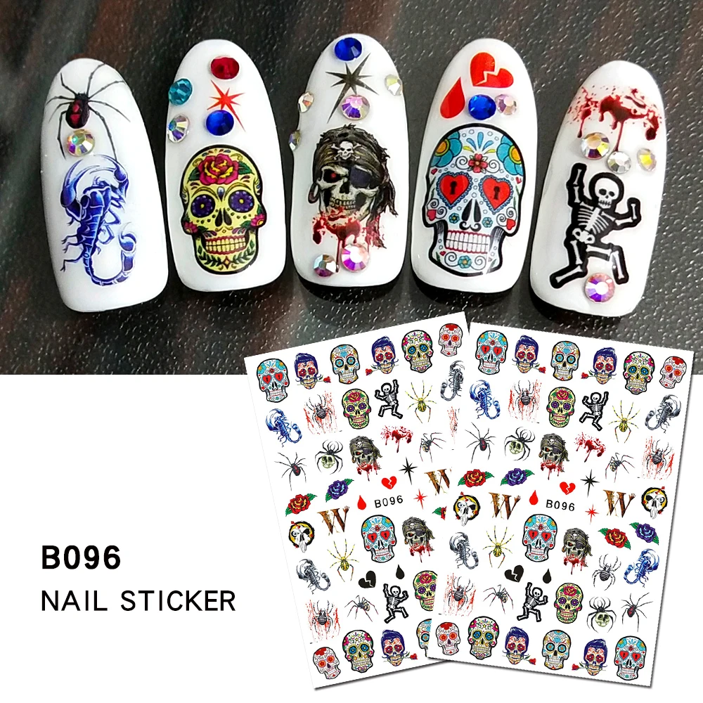 

New 3d halloween nail art sticker designer crack skull halloween decoration lip evil eye cartoon graffiti nail stickers decals, Colorful