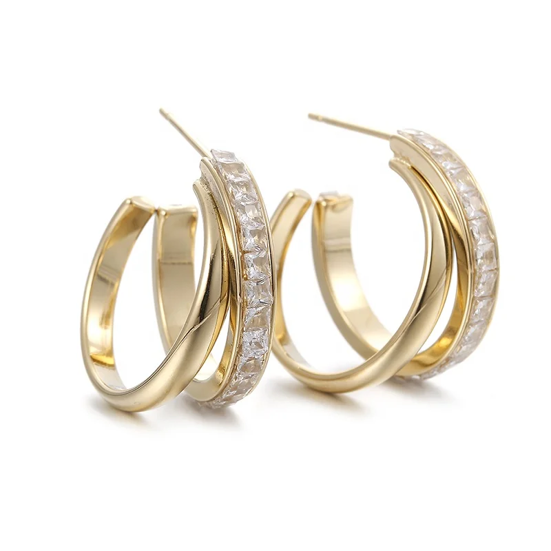 

ONYSS ONYSS Fashion 14K Gold 925 Sterling Silver Channel Setting cc-shaped Hoop Earrings for Women