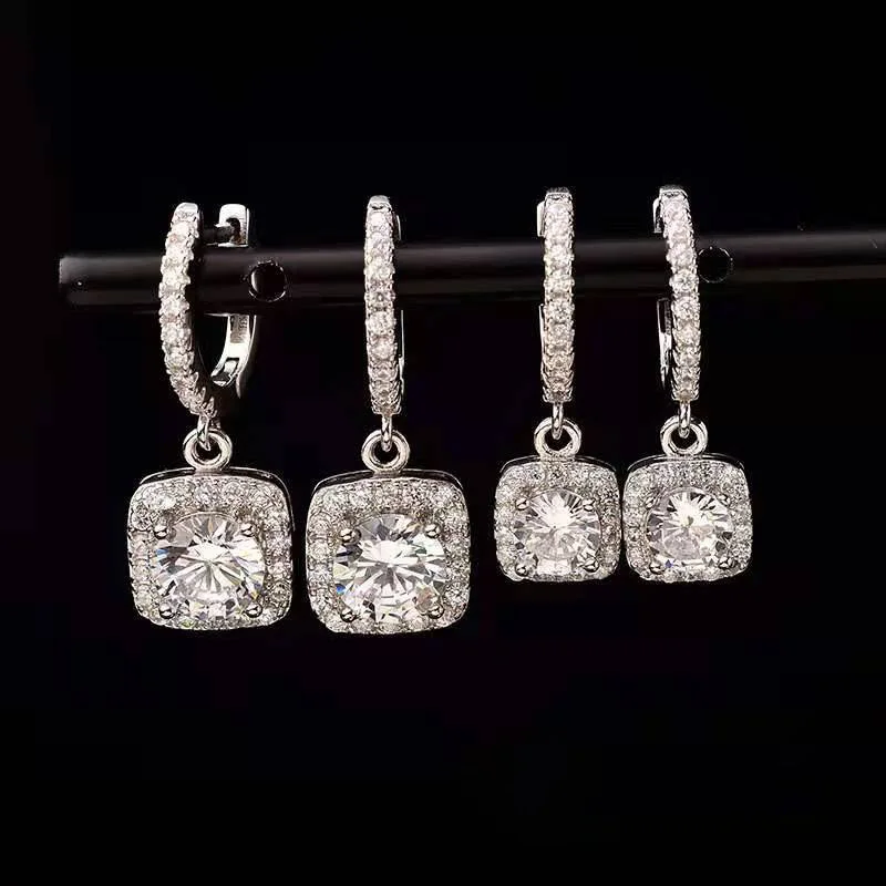 

18k White Gold stud Earrings 50 points Ear Hook 1 Carat Moissan Diamond Female ear Buckle Micro-set Square Bag Earrings