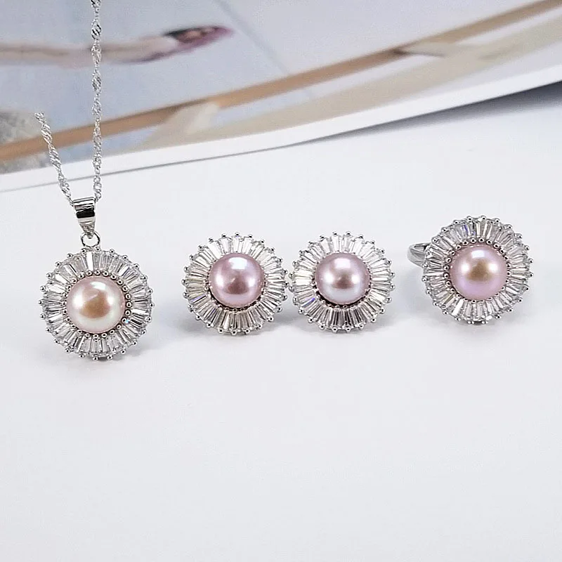 

High Quality Fashion Freshwater Necklace Wholesale 925 Sterling Silver Pearl Jewelry Set, White, purple