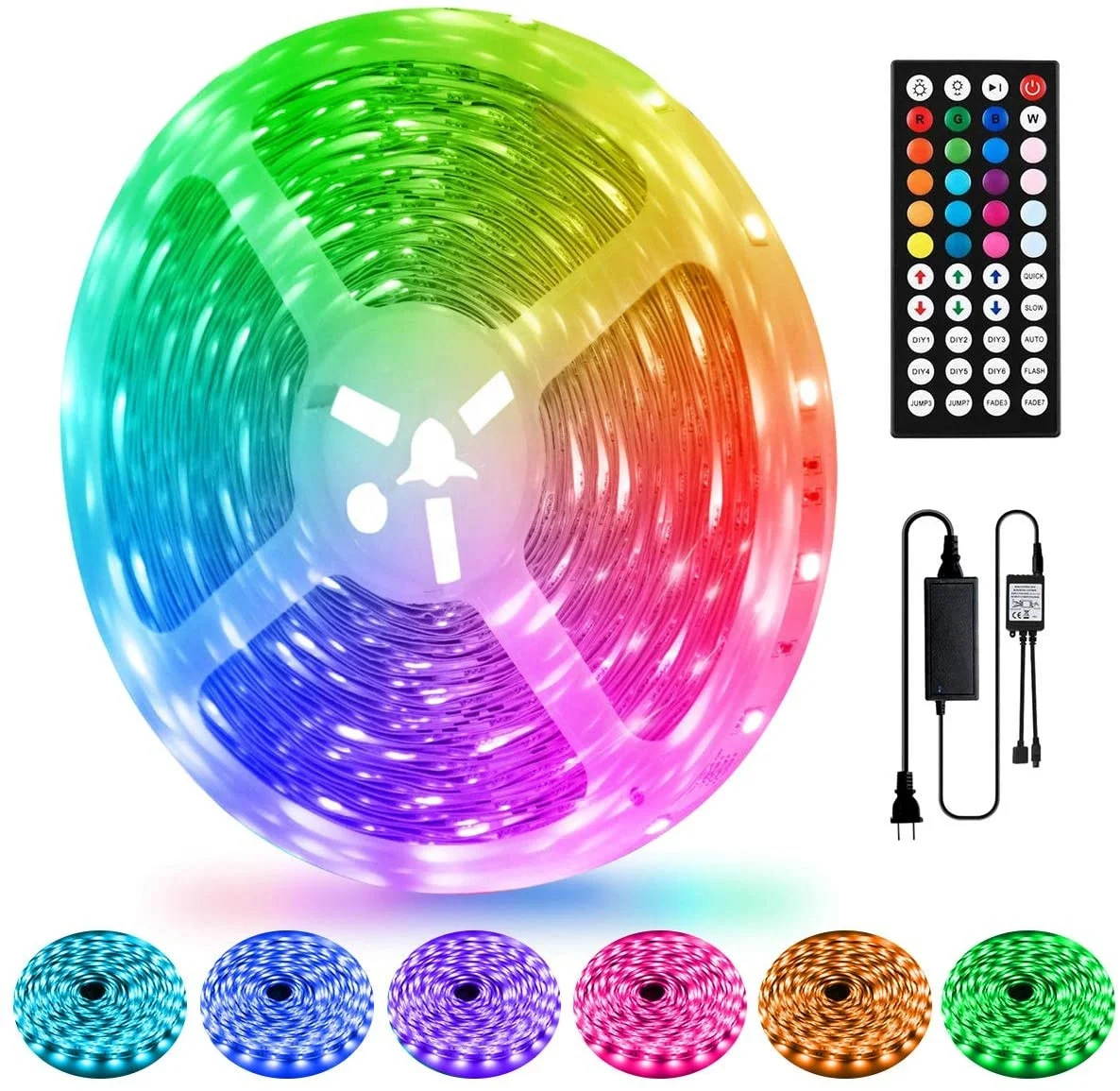 Color Changing LED Strips Light 50 Ft with 44Key IR Remote and DC24V Power Supply, Flexible 5050 RGB LED Tape Lights for Room
