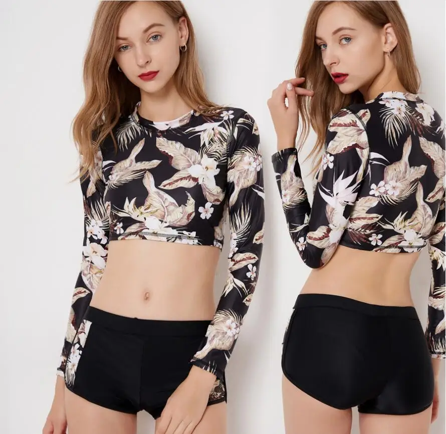 

Women Flowers Printing Long Sleeve Swimwear high-waist Rash Guard two Piece Swimsuit Manufacture Manches Longues Maillot De Bain, Picture