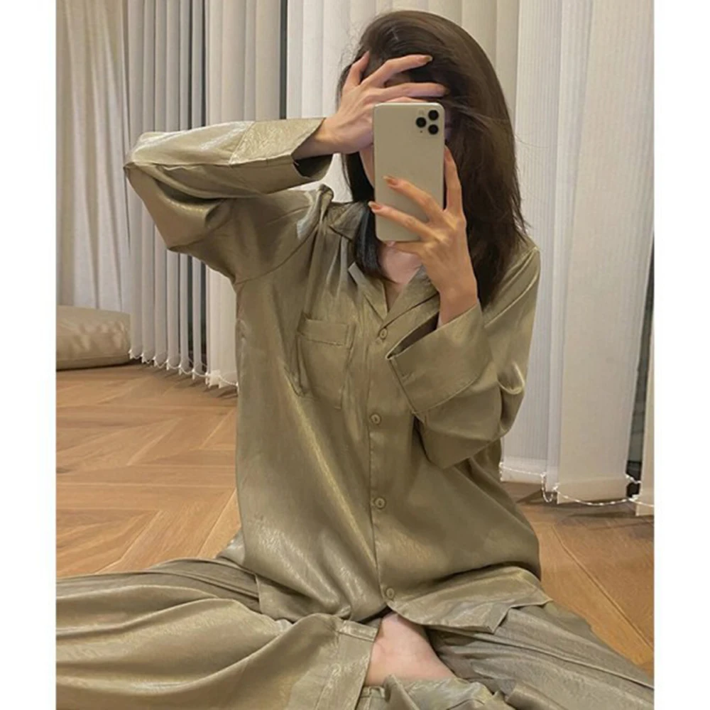 

2023 Pajamas Sets Light Luxury Silk Women's Pajama Spring Autumn Long-sleeve Cardigan Set Fashion Ice Silk Home Clothing