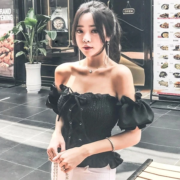 

New Arrival Boho Sexy Summer Crop Top Women Tops Blouses Puff Sleeve Off Shoulder Lace Up Beach Shirt blouse