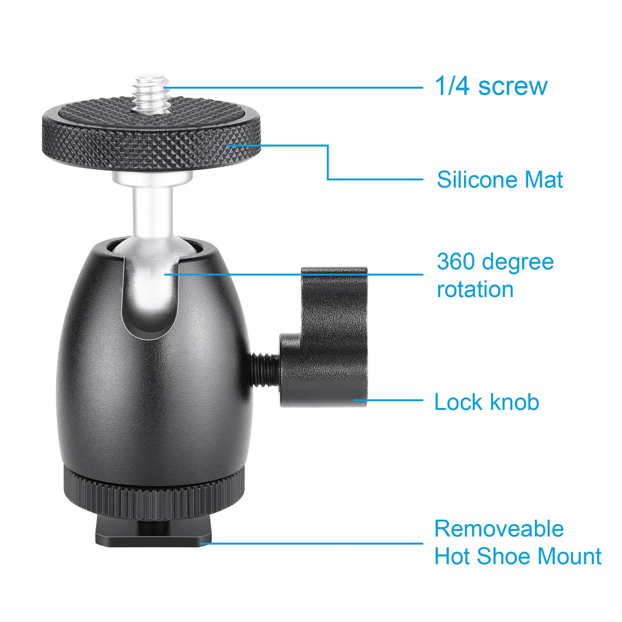 
Mini Ball Head 1/4 inch Screw with Lock and Hot Shoe Mount Adapter Compatible with LED Light,Ring Light,Load Up to 4.4 pounds/2 