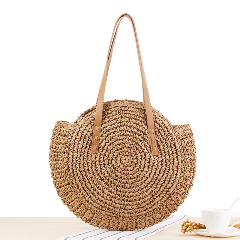 

Large Round Summer Straw Bag, Big Weave Handbags Beach Shoulder Bags, Solid Color Handwoven Paper Straw Bag for Women, Beige, tan, brown,