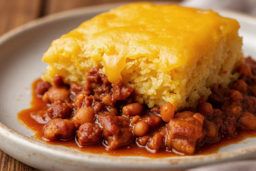 Close-up of chili with cornbread topping showing distinct layers with melted cheese on top