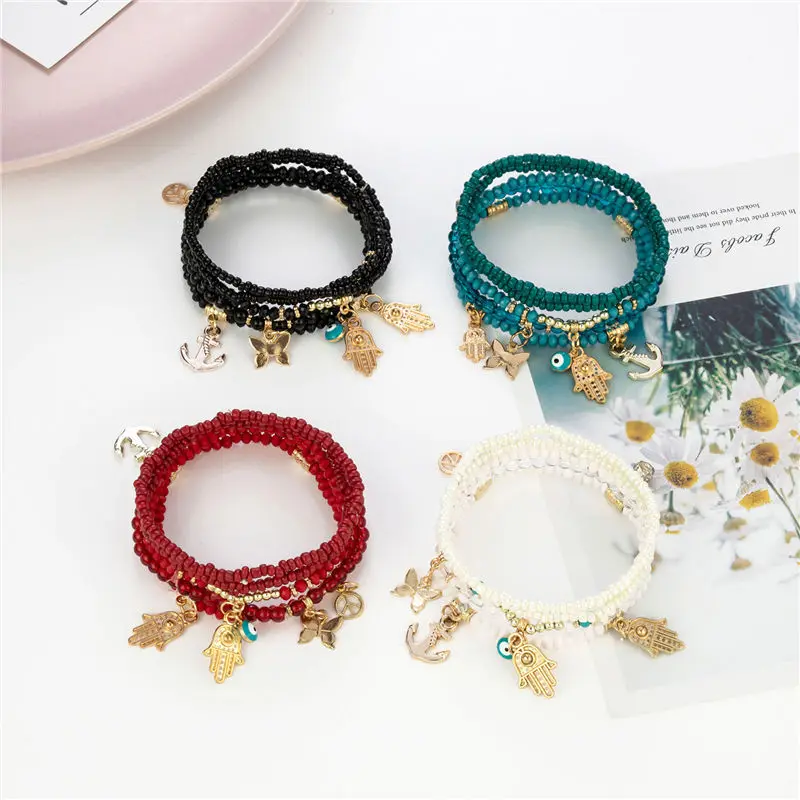 5pcs/set Fashion Multilayer Anchor Butterfly Fatima Hand Evil Eyes Beads Bracelet & Bangle Pulseras Mujer Jewelry for Women Gift