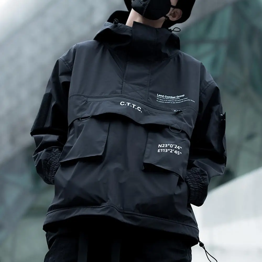 

Windproof Men 2020 New Pullover Fashion Tracksuit Casual Hooded Coat Men Hip Hop Streetwear Cargo Pocket Jackets, Black