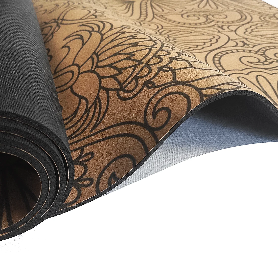 

High quality fitness nature printed natural rubber cork yoga mat, Customized