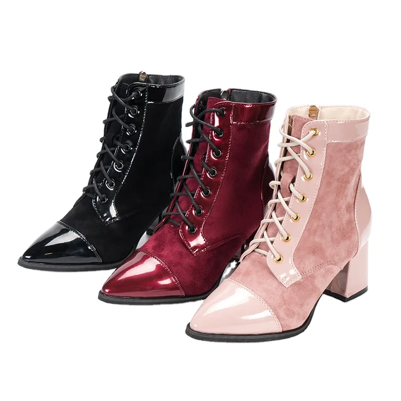 

New winter women's shoes solid color short boots female high-heel pointed thick heel lace-up boots