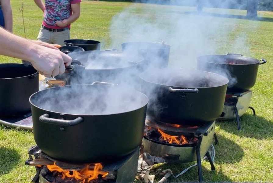 Wheatland chili cook-off event with multiple pots simmering over propane burners in community park