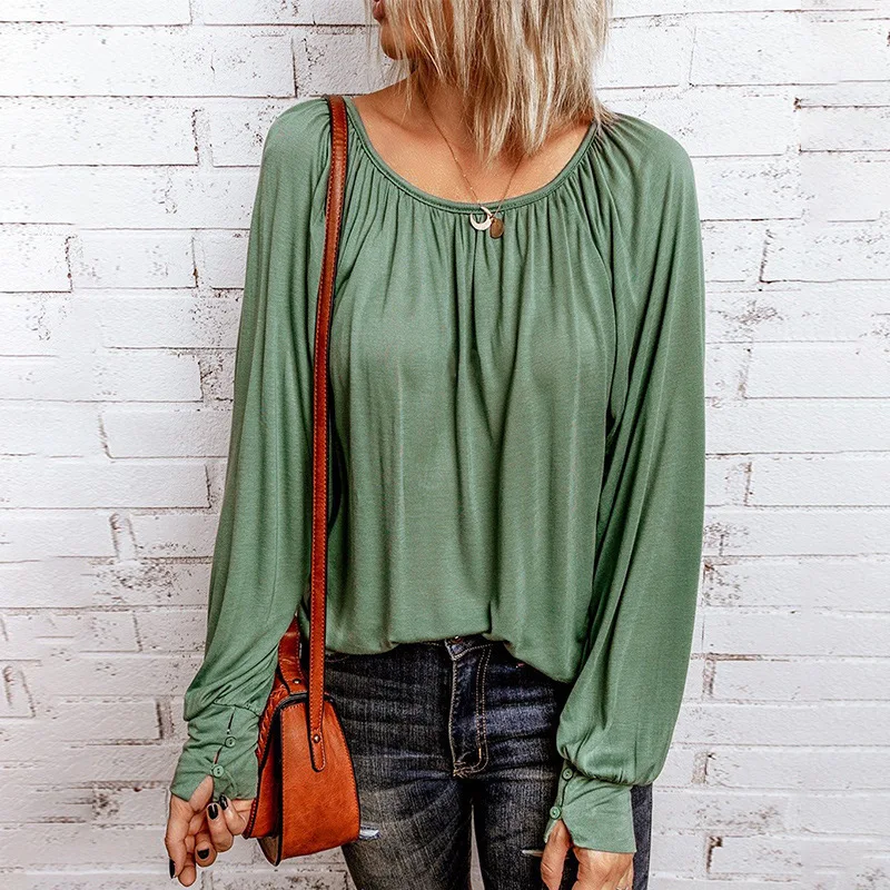 

Free Shipping Q243 Spring and autumn new solid color long sleeve top women's round neck Pullover T-shirt