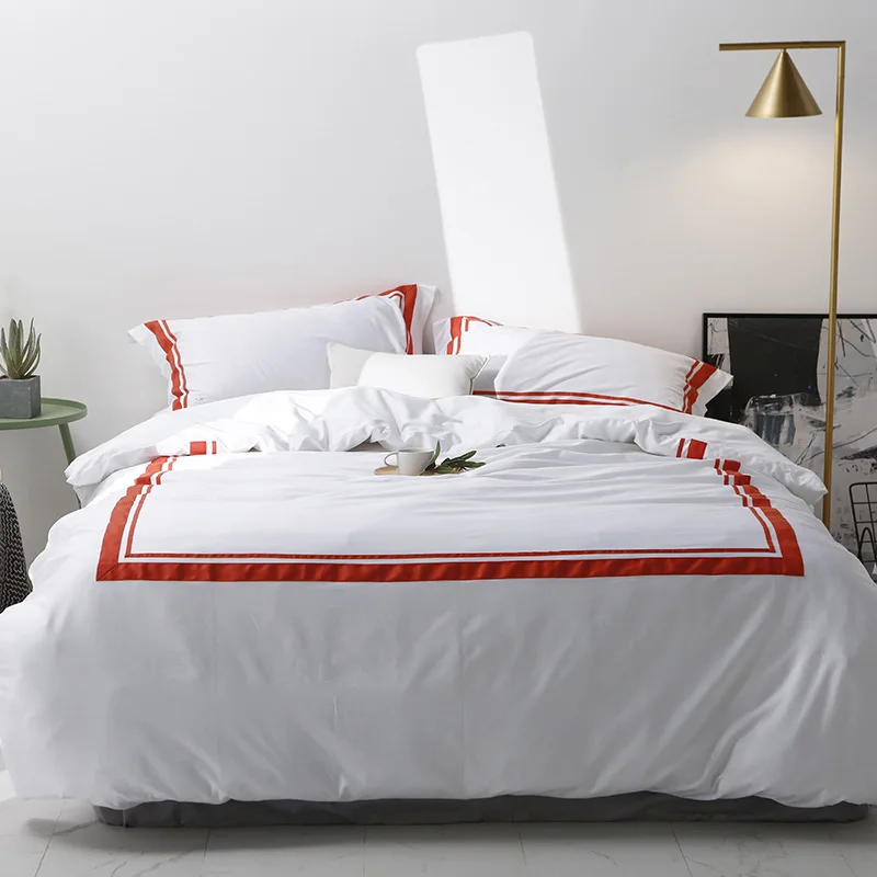 白色舒适床上用品套装定制刺绣标志豪华床羽绒被套套欧元单人双人床