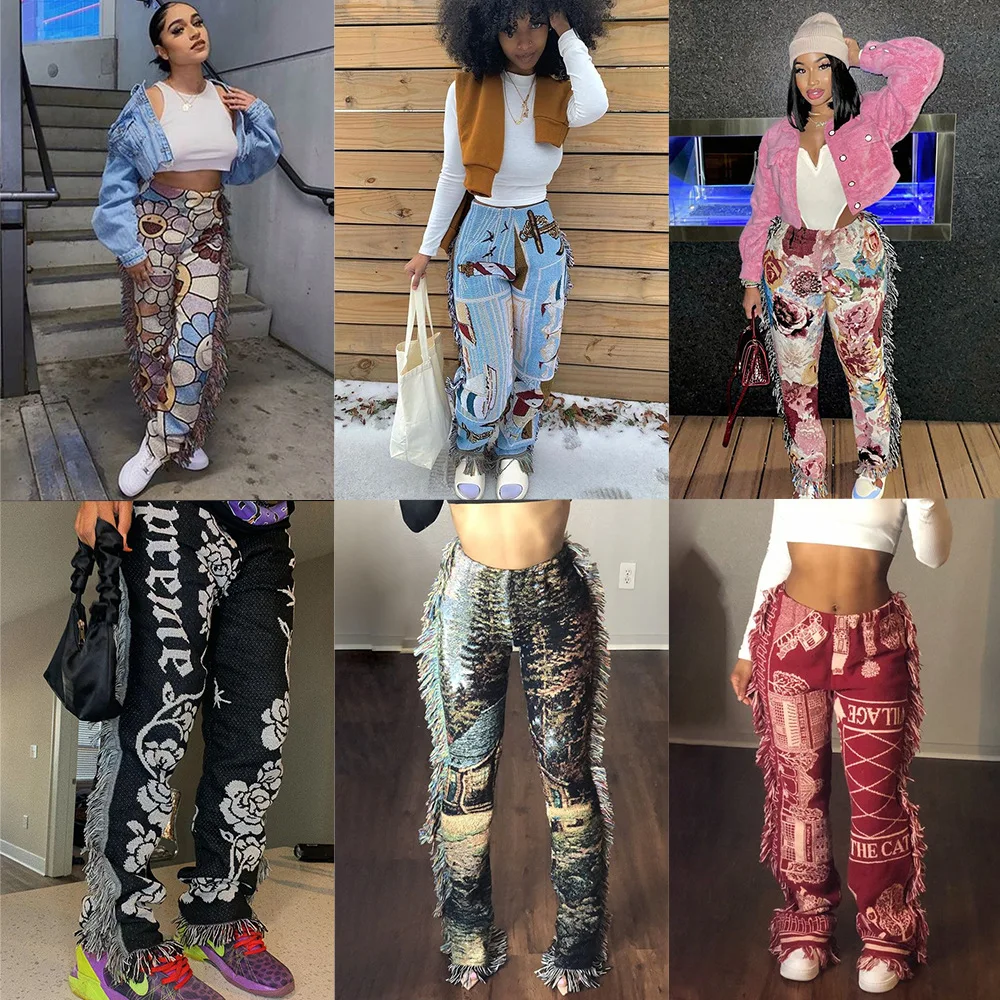 

Summer Print Stacked Pants Casual Stacked Sweat Pants Tassel Pants, 6 colors