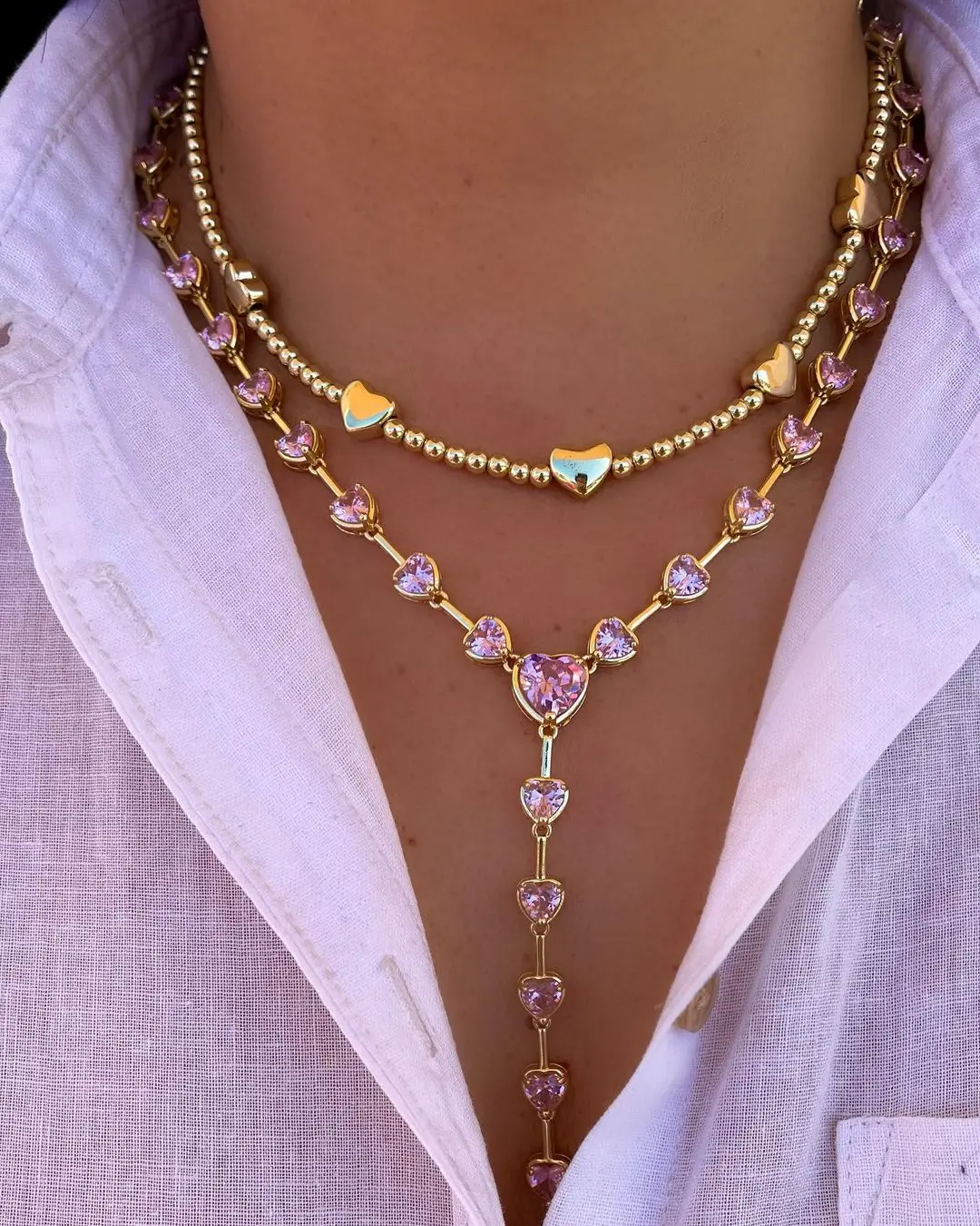 

Fashion Iced Out Pink CZ Heart Tennis Link Chain Choker Gold Plated Diamond Heart Drop Tennis Necklace For Women Jewelry