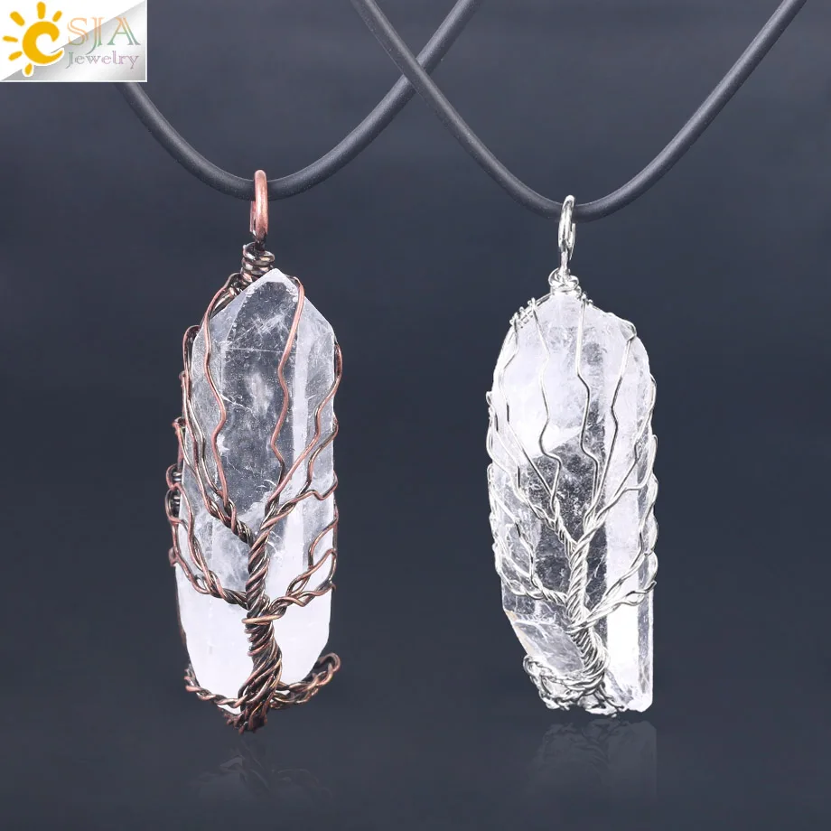 

CSJA handmade natural white crystal copper wire wrapped pillar big stone pendant life of tree necklace PPC chain F554