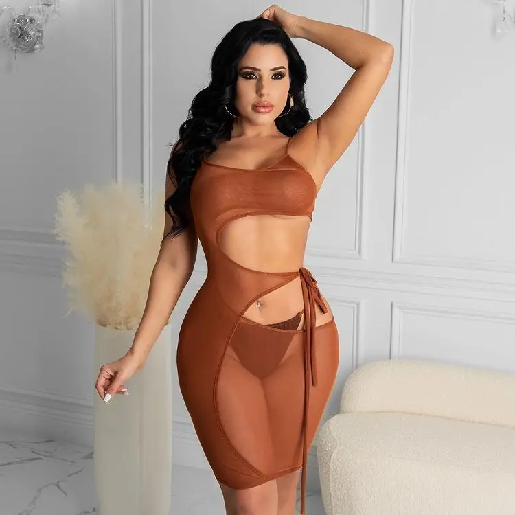 

2022 New arrival Summer tight band tie women dress nightclub sexy gauze dress two pice sets for Valentine's Day, Different color