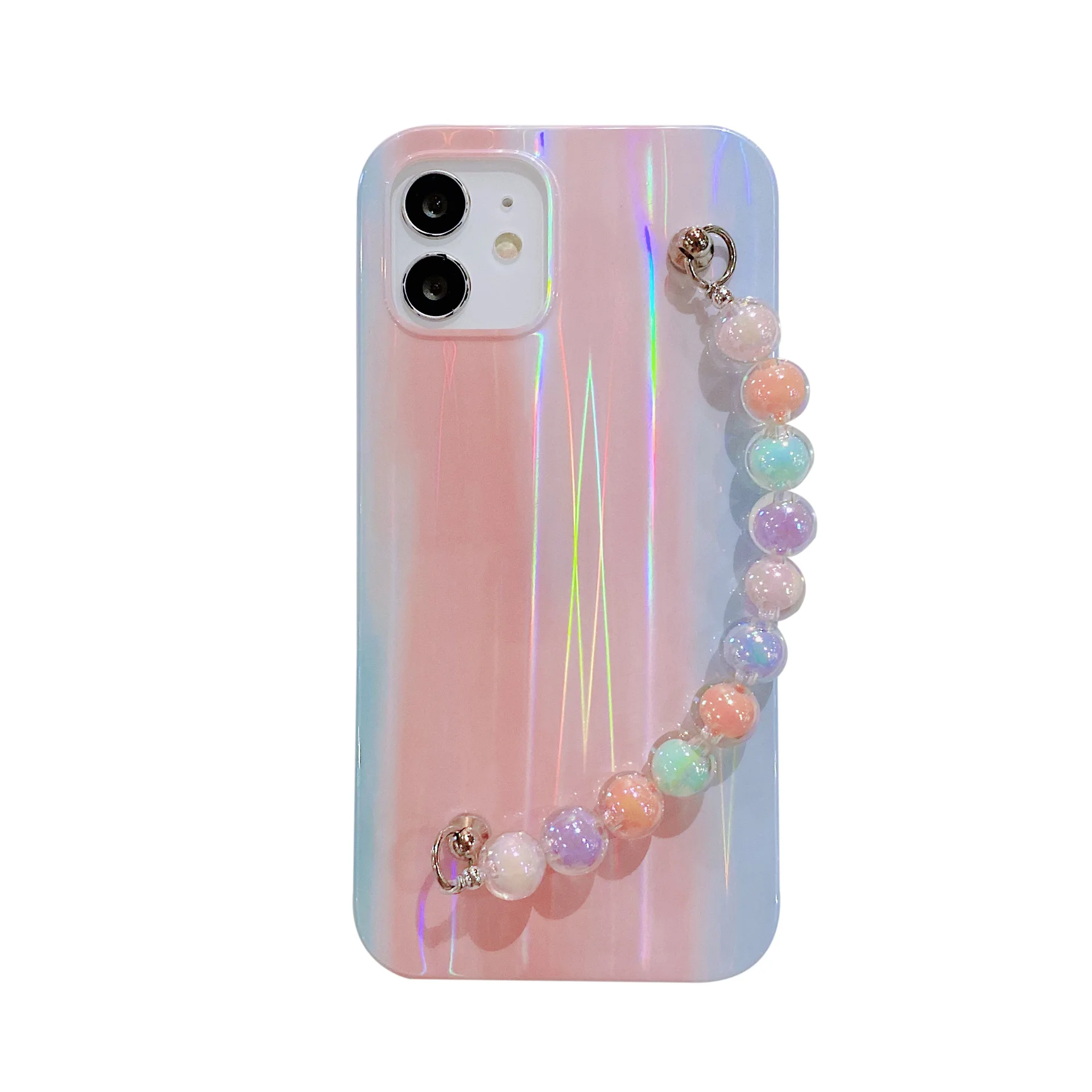 

Luxury Girly Glossy Colorful Phone Case With Bead Bracelet Strap For iPhone 11 12 Pro Max