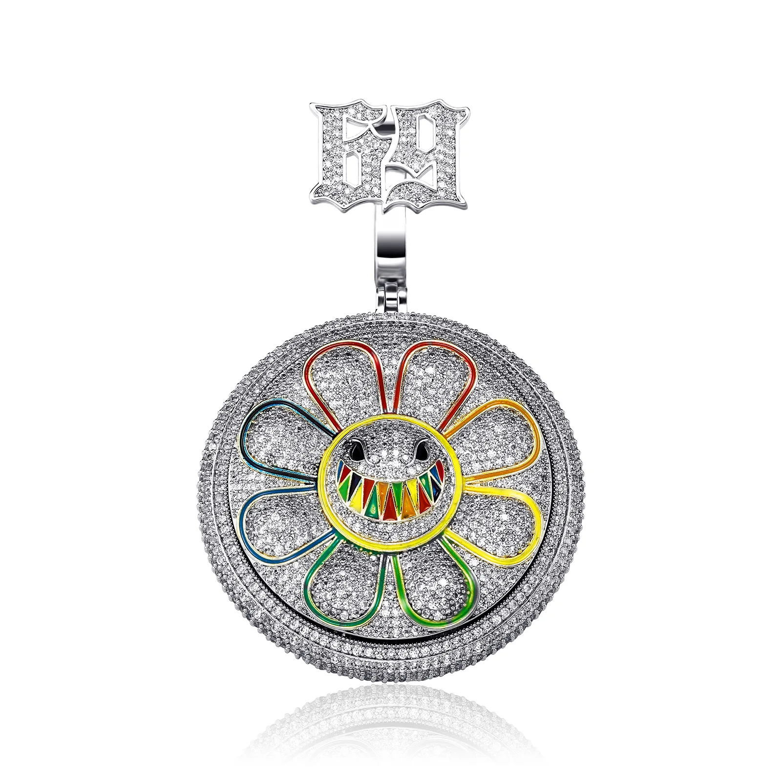 

NEW Rapper 6ix9ine Rotatable Turntable Sunflower Necklace Iced Out Shiny CZ Drew Charm Pendant Necklace, Picture