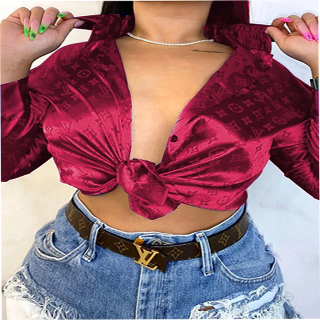 

2021 Ladies Designer Fall Long Sleeve Printed Button Shirt Casual Silk Satin Tops Blouse for Women