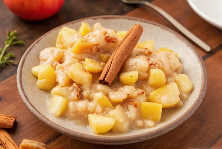 Finished crock pot cinnamon apples served in a ceramic bowl with cinnamon stick garnish