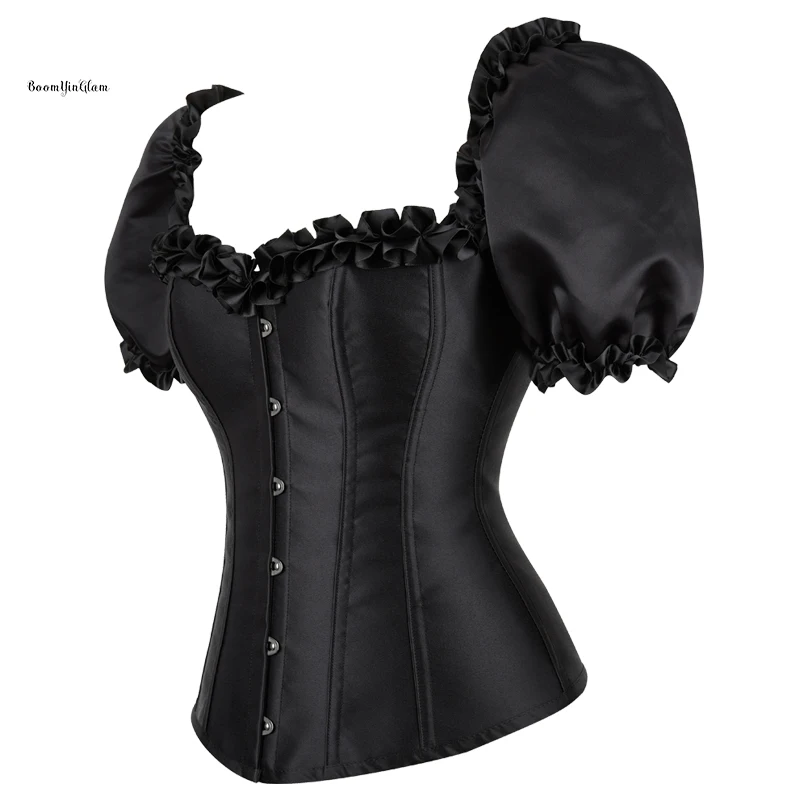 Black Short Sleeve Party Satin Corsets Women's Waist Slimming Trainer Sexy Victorian Bustiers 12 Plastic Bones Overbust Crop Top