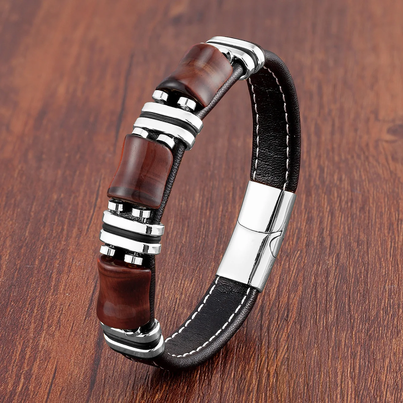 

Brazalete De Hombre Handmade Stainless Steel Buckle Leather Men Bracelet Fashionable Braided Tiger Eye Stone Bangle Jewelry