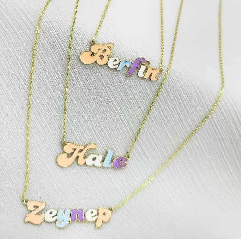 

Hot Sale Pave Outline Enamel Name Necklace For Women Jewelry Gift Minimalism Colorful Pendant Custom Enamel Letters Necklace, Gold color