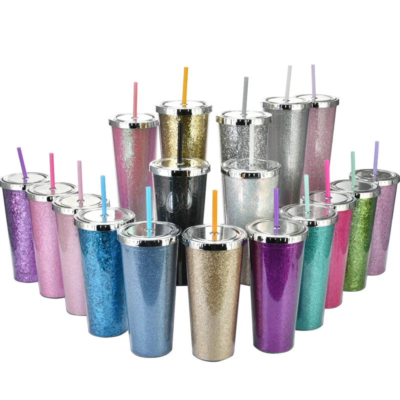 

Reusable Large Double Wall Plastic Glitter Tumbler 24 oz plastic tumbler with lid and straw, Any pantone no.