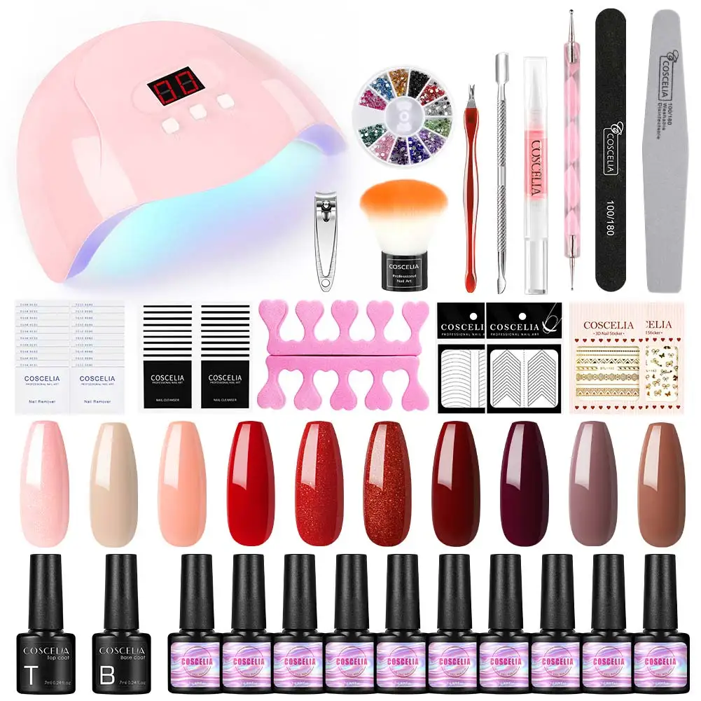 

COSCELIA High Quality 10pc Nail Polish Kit with UV Lamp Top Primer Coat, 10colors
