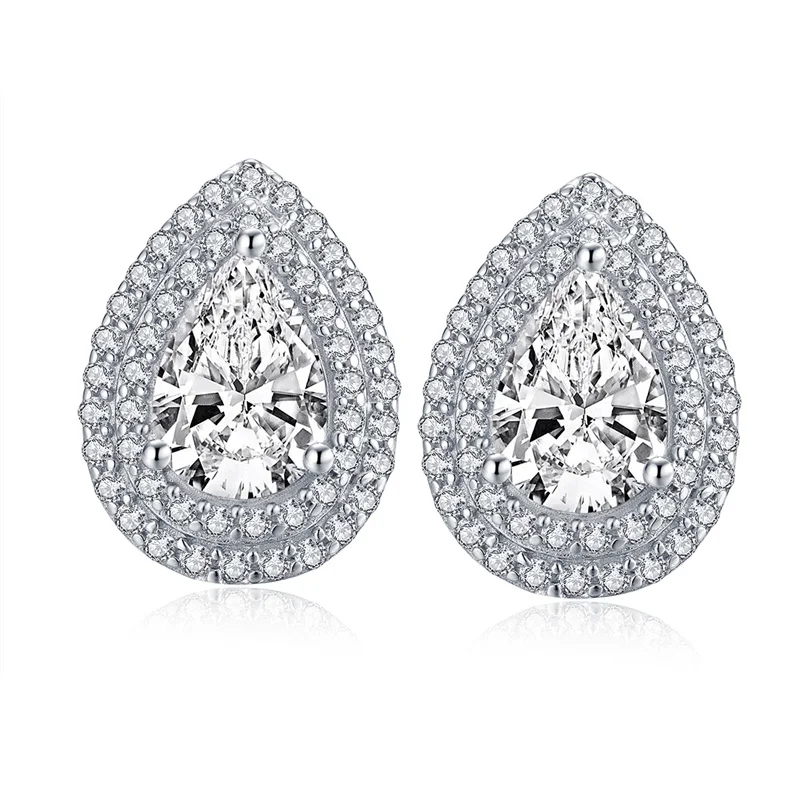 

925 Sterling Silver Stud Earrings for Women 4ct Pear Cut Simulated Diamond Halo Stud Earrings Silver Earrings