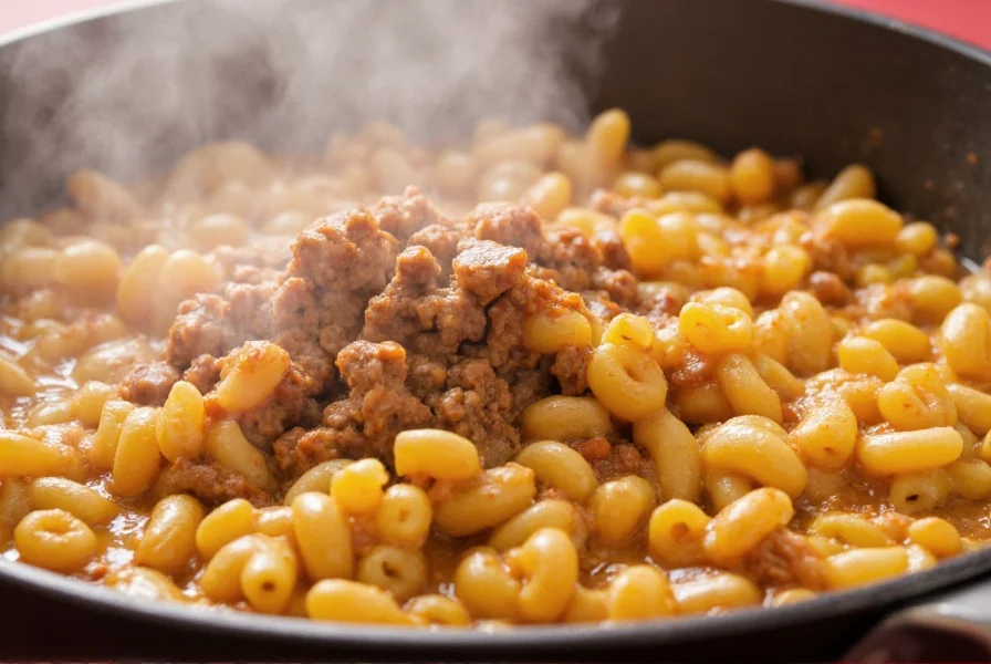 One-pot easy chili mac recipe with steaming bowl showing creamy texture and ground beef mixture
