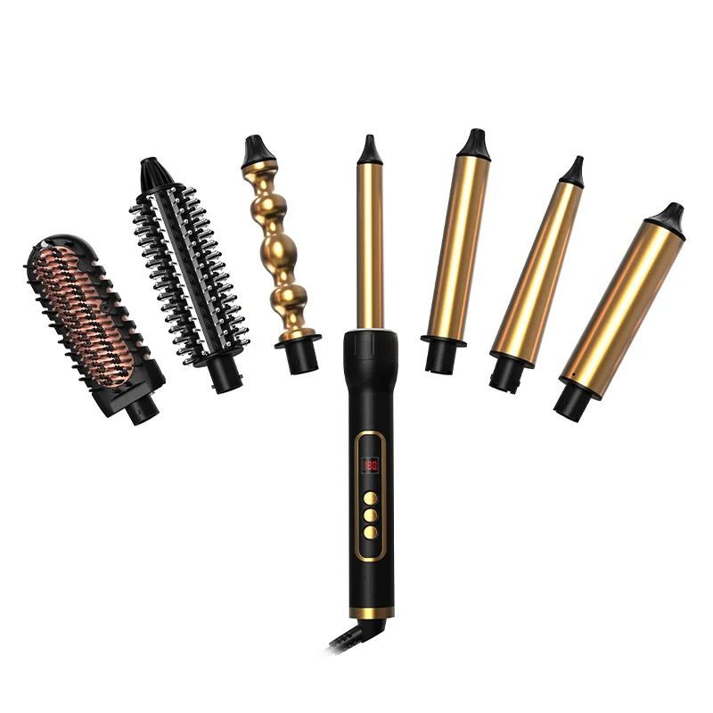 

New 7 in 1 Barrel Ceramic Big Wave Curler Curling Iron Interchangeable barrel hair waver LED Display ceramic coating hair curler, Rose gold grey