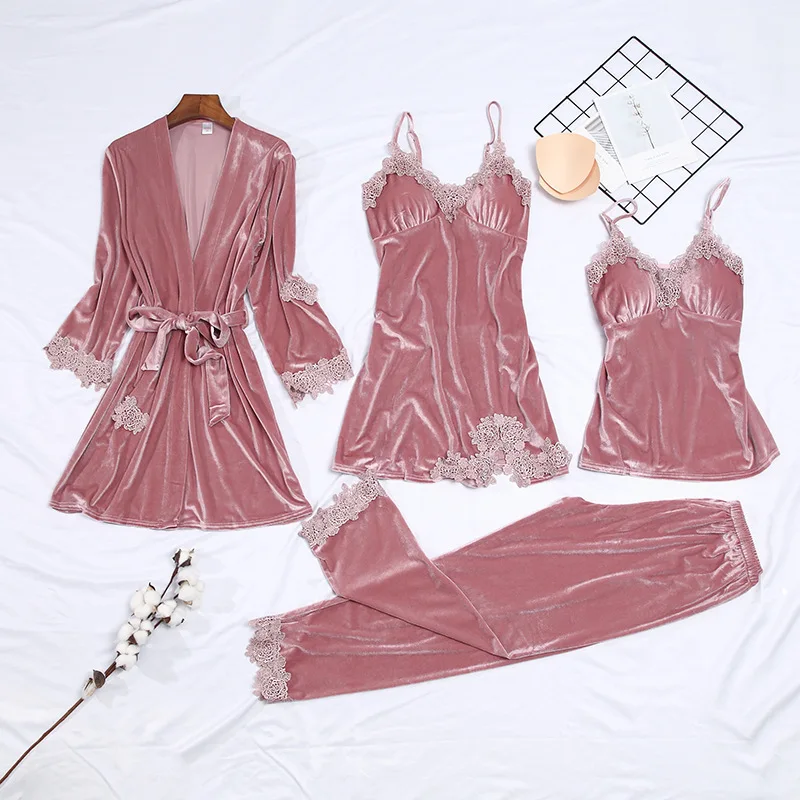 

Amazon Supplier Women Sexy Dresses Lace Plus Size 4 Piece with Chest Pads Velvet Pajamas Sets Warm Sleepwear