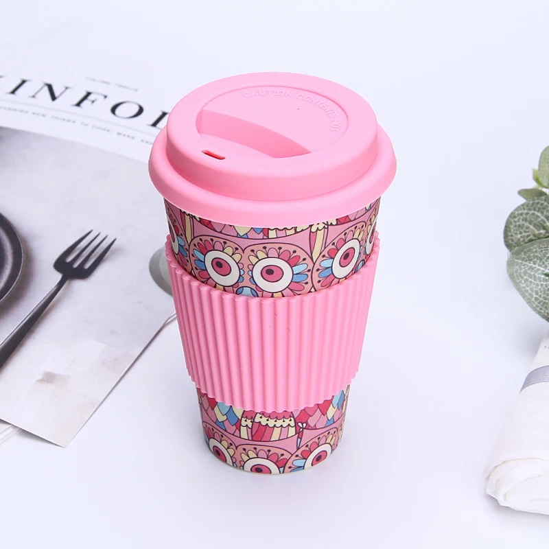 

QIAN HU Biodegradable Bamboo Fiber Coffee Cup Travel Mug Gift Set with Silicone Sleeve, Red,pink,green,brown,black