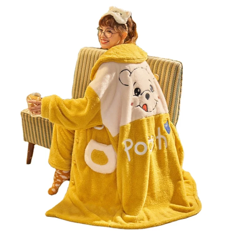 

Korean version of coral velvet robe pyjamas women autumn winter thickened with velvet cartoon hooded warm robe winter home cloth