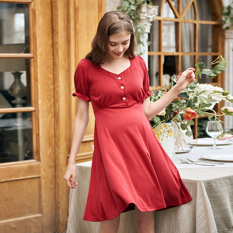 

New Fashion Solid Color Square Collar Buttons Pregnancy Clothes, Red,blue