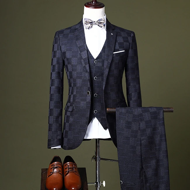 

Blazers 3 Pcs Male Formal Business Plaids Suit for Men's formal Boutique Plaid Wedding Dress Suits for men slim fit, Black