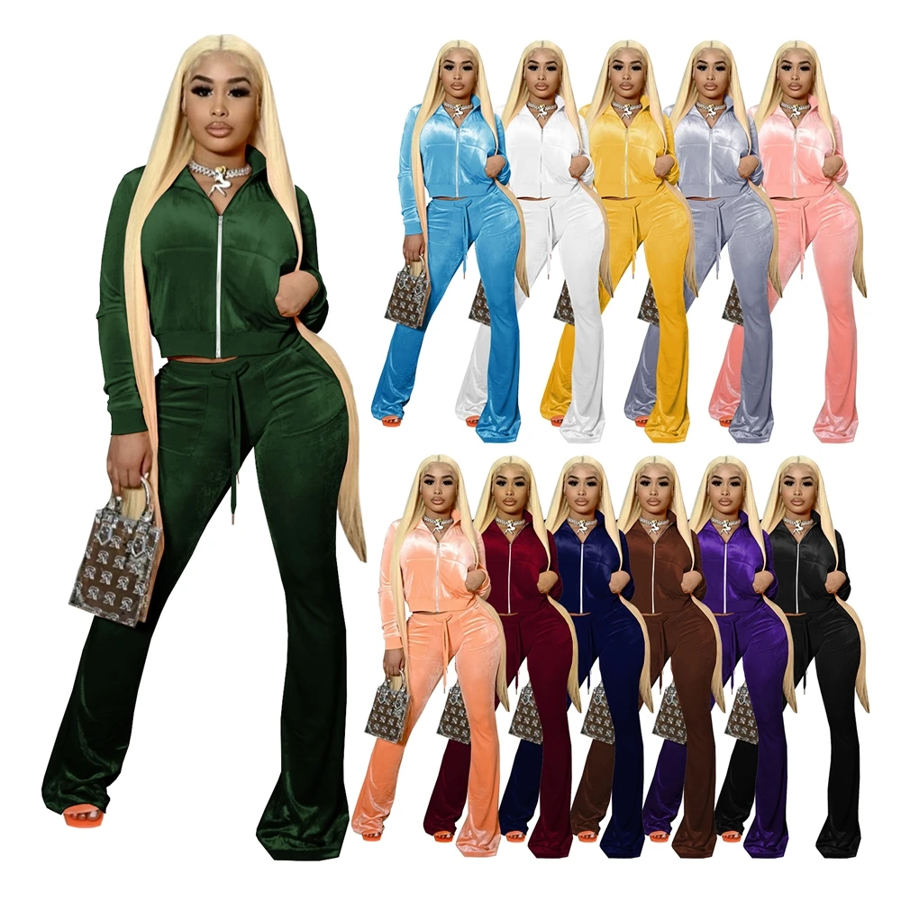 

Best Seller 2021 Tight Crop Top Velvet Jogging Suit Tracksuit Women Windbreaker velour Jacket Coat With Zipper Velvet Tracksuit
