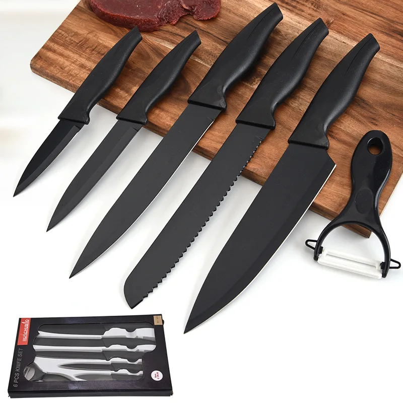 

Custom Private Label Kitchen Knives Non Stick Black 5 Piece Cooking Stainless Steel Knife Sets with Ceramic Peeler, Classic black