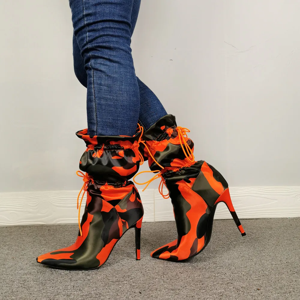 

Camo pattern pointed super high heel fashion boots sexy Lace-up zipper boots for women