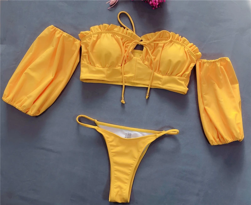 Sexy Yellow Bikini 2020 Off Shoulder Swimsuit Female Ruffles Swimwear ...