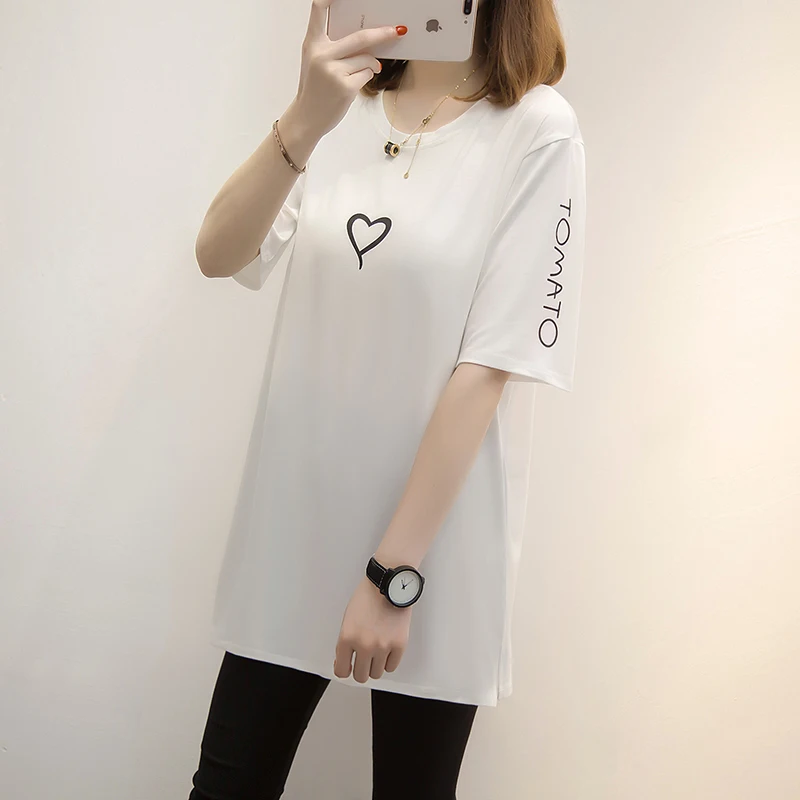 

summer dress contracted in Korea loose big yards long T-shirt white female leisure t-shirts, Picture showed