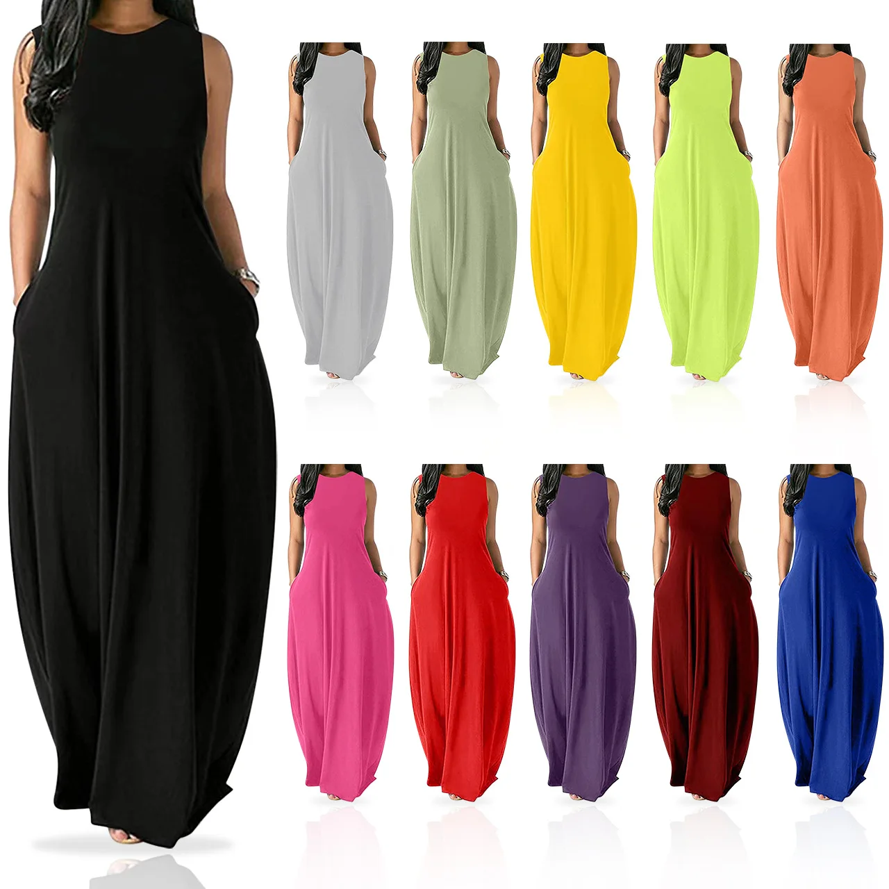 

HJ ZDR04 20%off Casual Pockets Ladies Solid Color Beach Maxi Dress Women