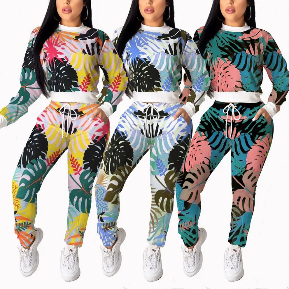 

2020 Casual Leaves Print Jumpsuits Sports Wear Long Sleeve Women Fall Two Piece Set